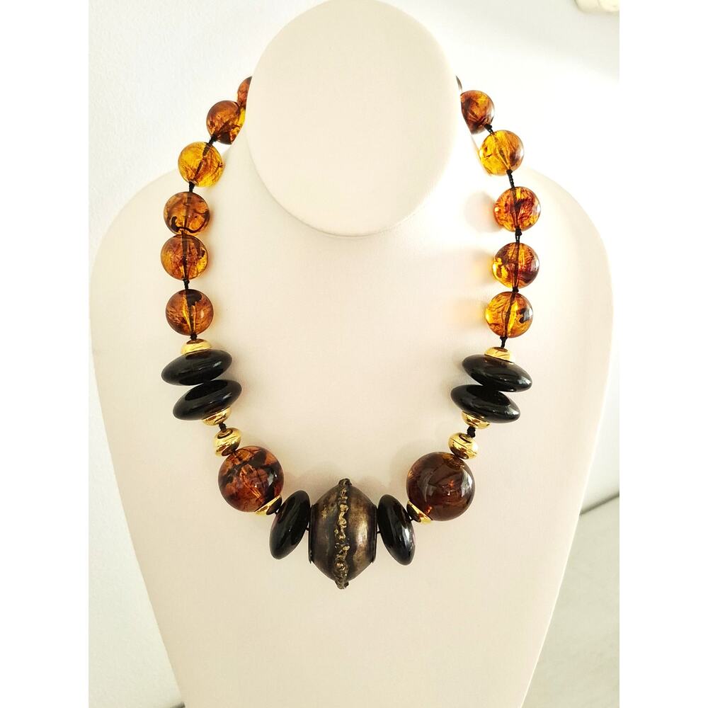 Vintage Les Bernard Designer Chunky Amber Brass Bead Necklace